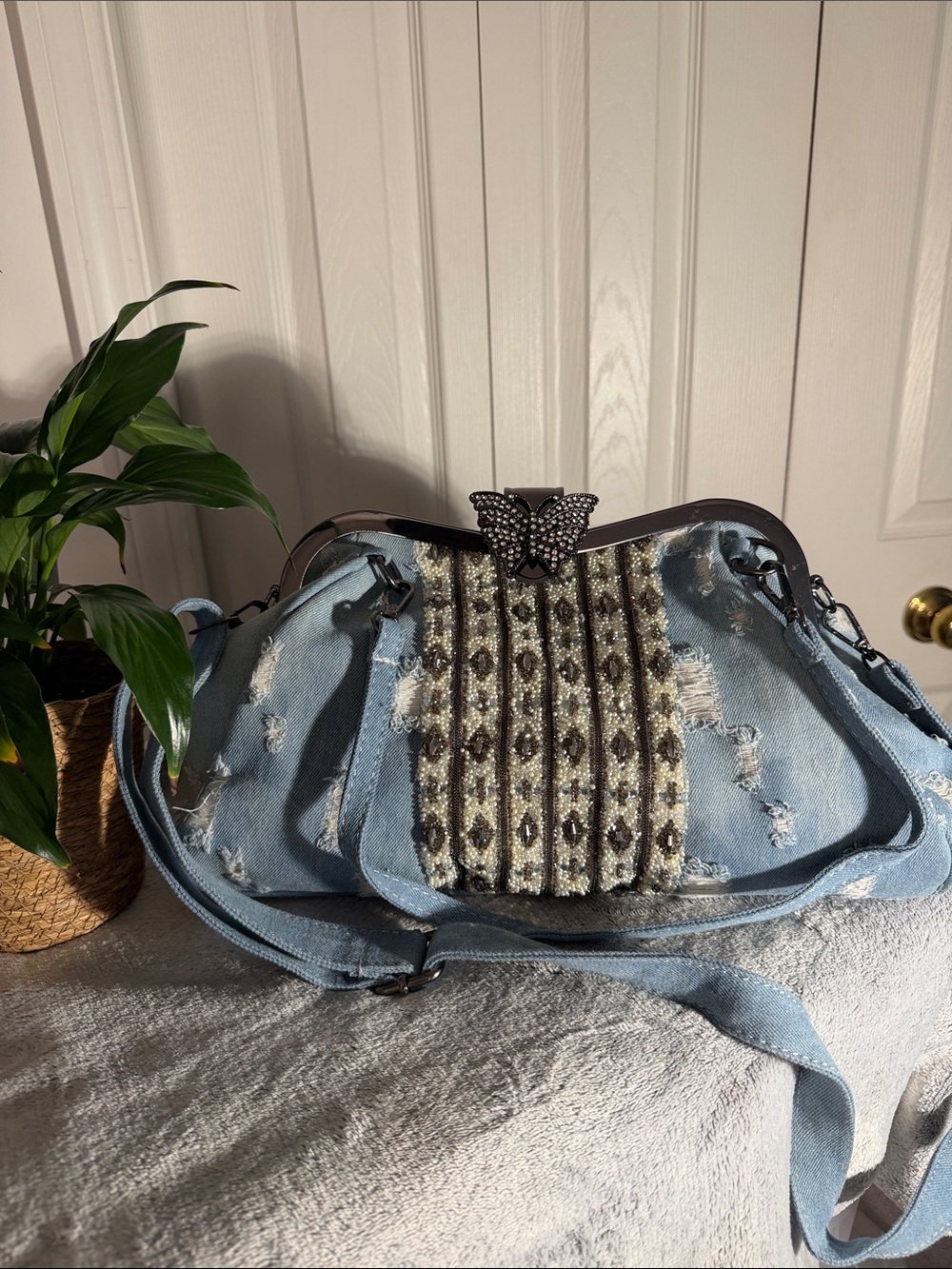 Unique Denim Blue Distressed Shoulder Bag with Embroidered Embellished Panel
